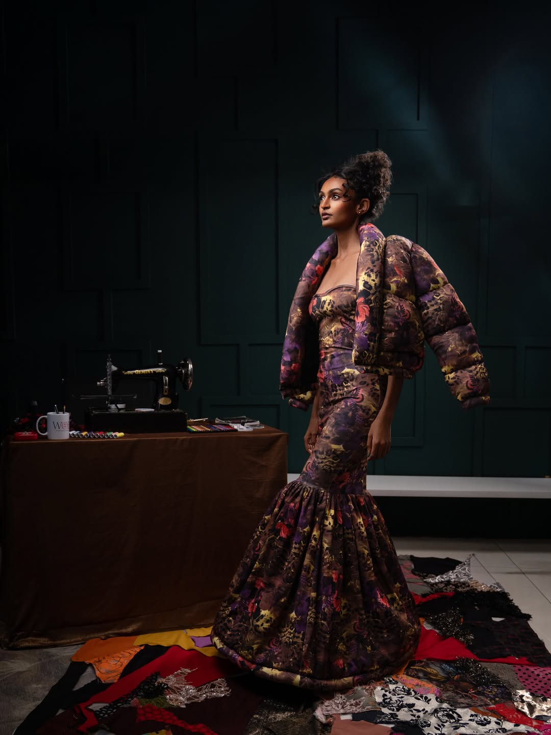 Sculptural gown — editorial portrait in the atelier